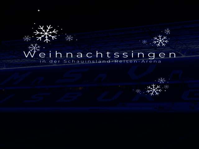 Eine winterliche Grafik vor einem Bild des Stadions mit Schneeflocken und der Aufschrift "Weihnachtssingen"